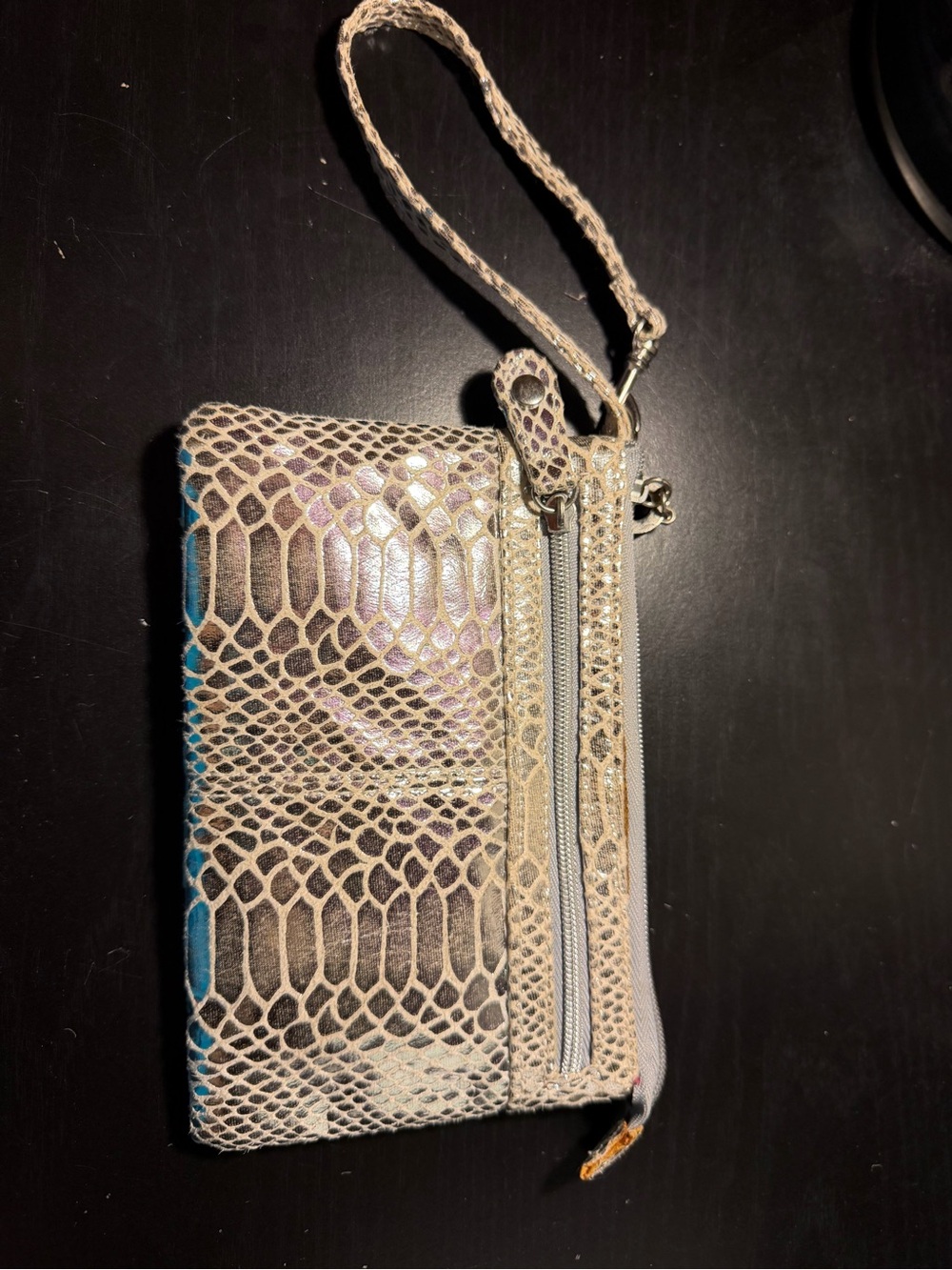 Neutral Snake-Texture Wristlet Clutch in Beige and Teal